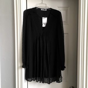 Zara Black Dotted Mesh Ruffle Mini Dress